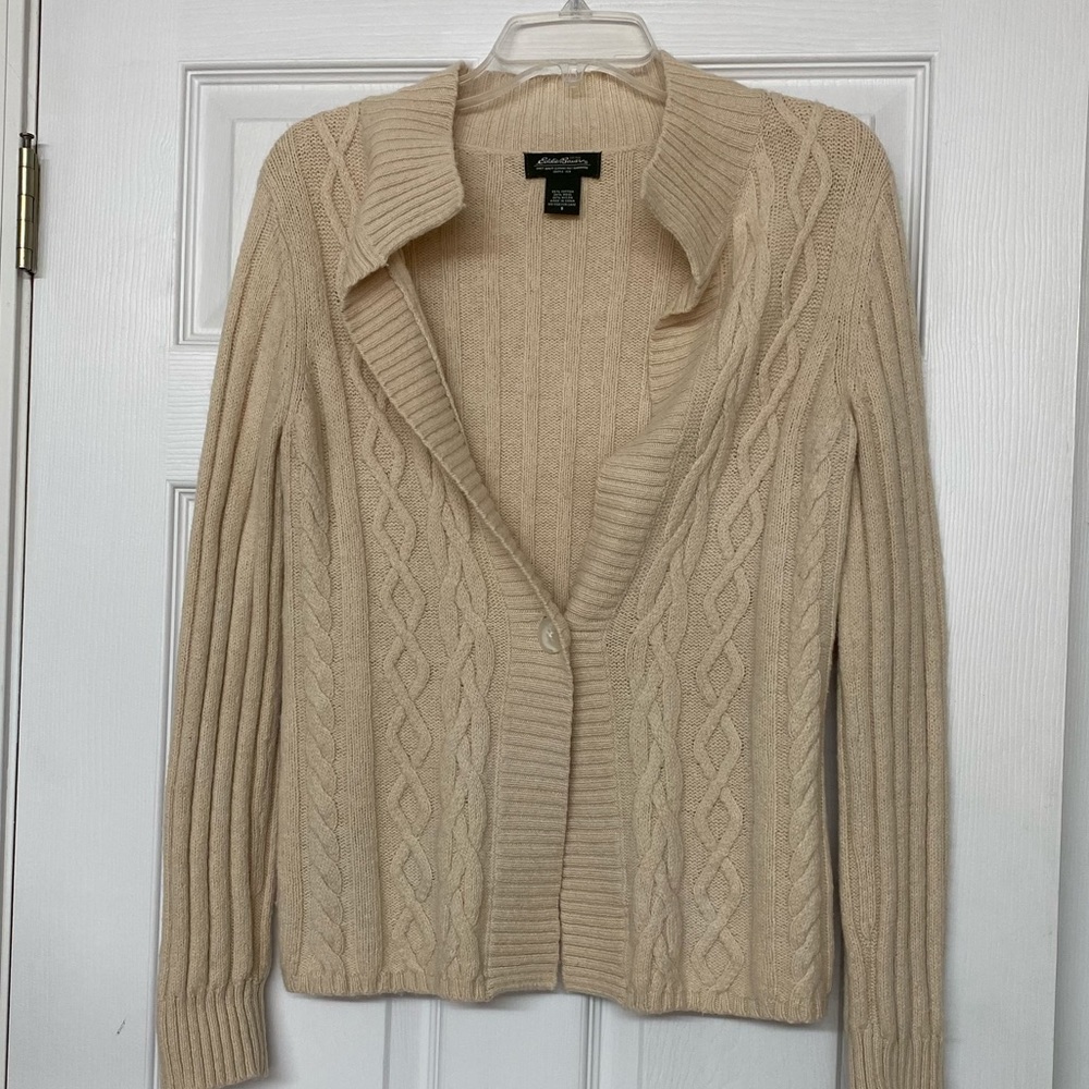 Eddie Bauer Light Tan Cable Knit Wool Blend Cozy Open Fisherman Cardigan Sz S